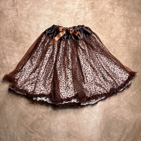 Leopard Print Layered Ruffled Mesh Mini Skirt Brown High Waisted Animal Print - Picture 1 of 7
